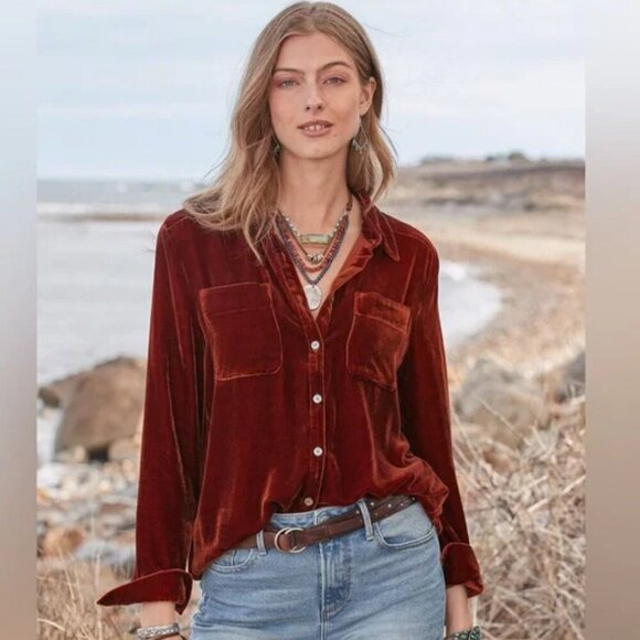 Sundance Bohemian Alvina Classic Button Down Velvet Top Red Brick Size XS - Picture 1 of 8